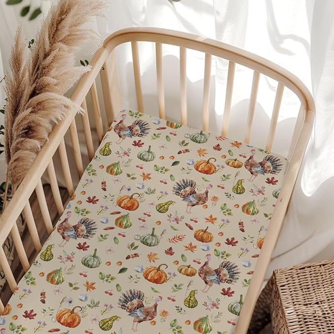 Thanksgiving Turkey Pumpkins Baby Crib Sheets for Boy Girl 52"x28" Vintage Autumn Leaves Soft Stretchy Fitted Crib Mattress Covers Fall Harvest Baby Sheet for Standard Crib and Toddler Bed Mattress