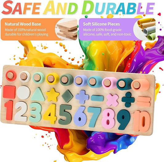 Silicone Montessori Number Puzzle Toys for Toddlers, Counting & Shape Sorting Educational Toy for 3 4 5 Year Old Boys Girls, Preschool Math Learning Board Gift, Colorful Silicone Stacking Toy