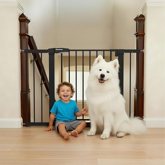 Mumeasy 36" Extra Tall Dog Gate, Auto Close Baby Gate for Stairs Doorways, 29.7-46" Wide Walk Thru Child Safety Gate for House, Easy Install Pressure Mounted Metal Pet Gate with Door, Black
