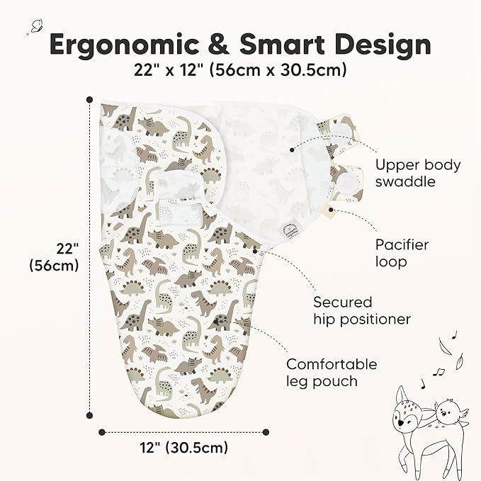 KeaBabies 3-Pack Organic Baby Swaddle Sleep Sacks - Swaddles for Newborns, Infant 0-3 Months, Baby Girls, Boys, Soft & Snug Newborn Sleep Sack, Nursery Swaddling Blankets (Dino Ridge)