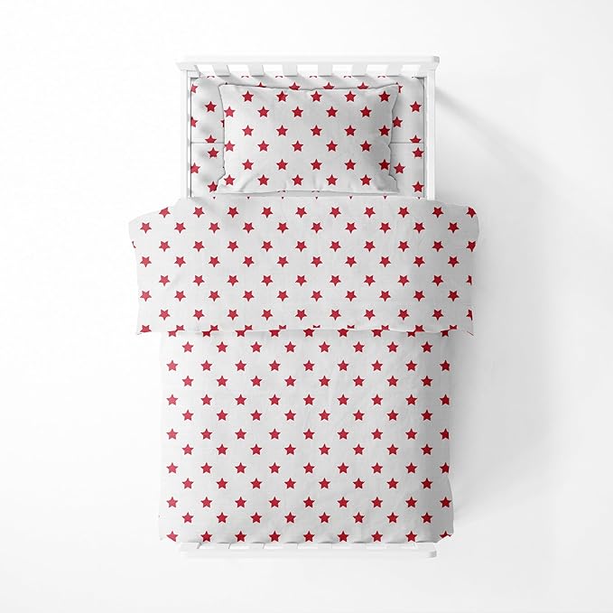 Bacati - Muslin Ikat Stars 4 Piece Boys Toddler Bedding Set 100 Percent Cotton Includes Reversible Comforter, Fitted Sheet, Top Sheet, and Pillow Case (4 pc Toddler Bedding Set, Red Stars)