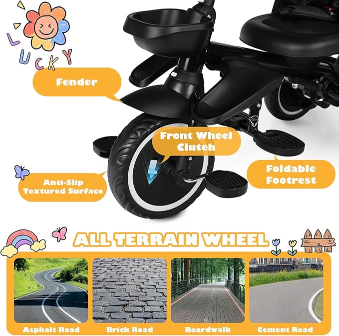 Folding Kids Tricycle, 8 in 1 Baby Trike W/Removable & Adjustable Canopy, Parent Handle, 5-Piont Safety Harness, Toddler Bike Stroller for Kids 1-6 Years, EVA Wheels, Storage Basket, Black