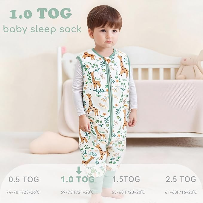 Toddler Sleep Sack with Feet 2-3 T, 1.0 TOG Cotton Baby Wearable Blanket with Legs, Sleep Bag Walker with 2-Way Zipper, Green + Giraffe