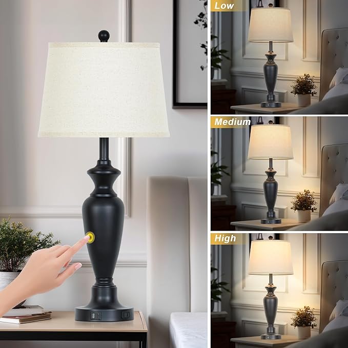 luxeflow 30" Tall Black Table Lamps Set of 2 for Living Room, Touch Control Bedside Lamps for Nightstand, 3-Way Dimmable Bedroom Table Lamp with USB A+C Ports and AC Outlet (2 LED Bulbs Included)