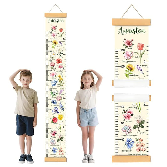 Personalized Name Kid Growth Chart for Wall, Flower Canvas Growth Chart Removable, Waterproof Height Chart for Kids Boys Girls Toddler, Playroom Wall Decor Height Measurement for Wall