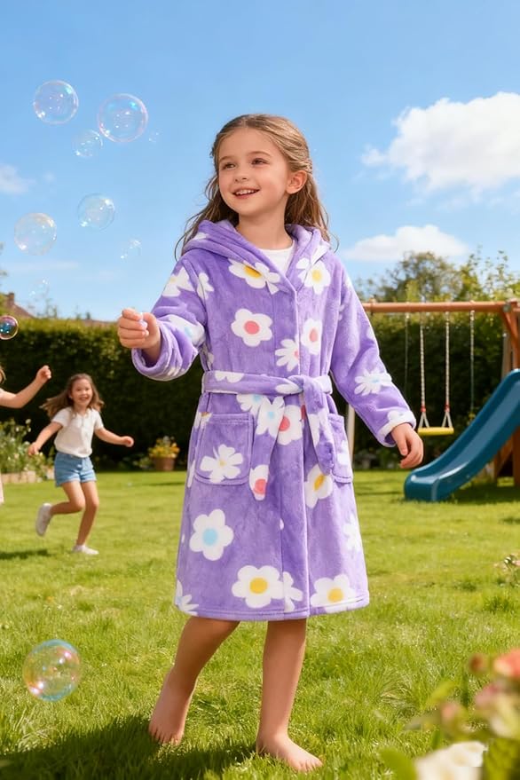 Boys Girls Robe Kids Flannel Hooded Bathrobe Sleepwear Pajamas Toddler Soft Plush Robes for Girls 2-16 Years
