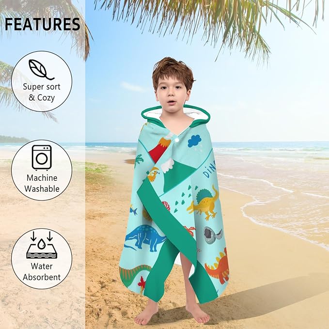 Thickened Hooded Towels for Kids Suitable Girls Boys Kids Bath Towels, 35"x60" Super Absorbent, Dinosaur Cute Cartoon Toddler Towels Multi-Purpose for Beach, Pool and Bathroom