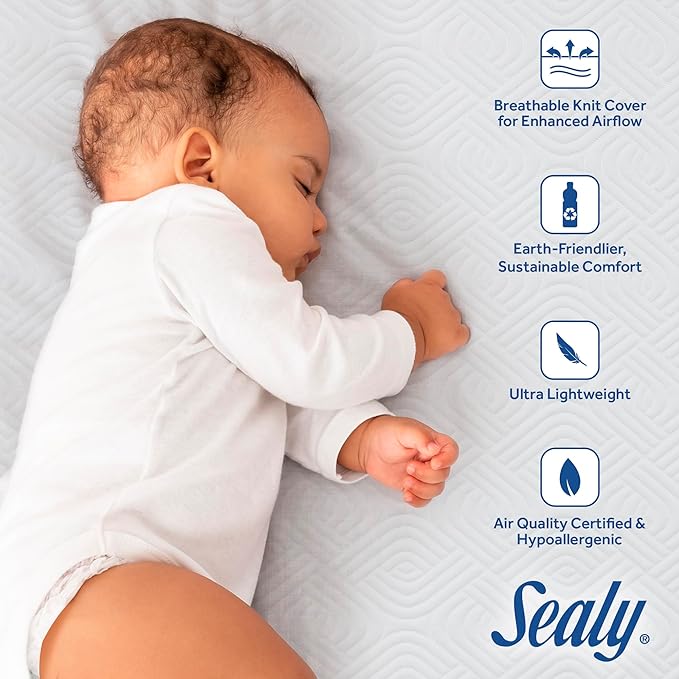 Sealy Baby Refresh Breathable 2 Stage Waterproof Crib Mattress Plus Toddler Bed Fit, Removable Knit Cover, GREENGUARD Gold Certified, Safety & Quality Tested, Made in USA, 52X28 -White