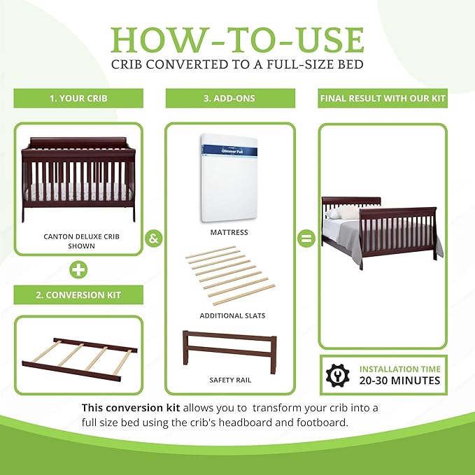 Full-Size Conversion Kit Bed Rails Compatible with Delta Children Convertible Cribs - Solid Wood Rail #0050 - Toddler and Adult Bed Rail for Full-Size Beds - Baby Furniture (Espresso Cherry - 205)
