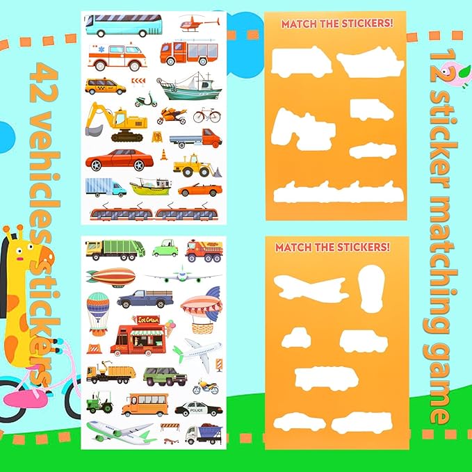 OIBUTUR Jelly Sticker Books for Toddlers 2-4 Years, Reusable Sticker Book for Kids 1-3, Toddler Stocking Stuffers＆Travel Essentials Vehicles Stickers for Kids Toddler Plane Activities (Vehicles)