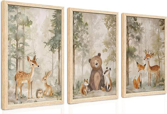 ICHZUMW Woodland Nursery Decor Wall Art Set of 3, Cute Forest Friend Animal Canvas Prints Bear Fox Deer Pictures, Nature Watercolor Paintings, Baby Room Kids Bedroom Playroom, Neutral Artwork 16x24in