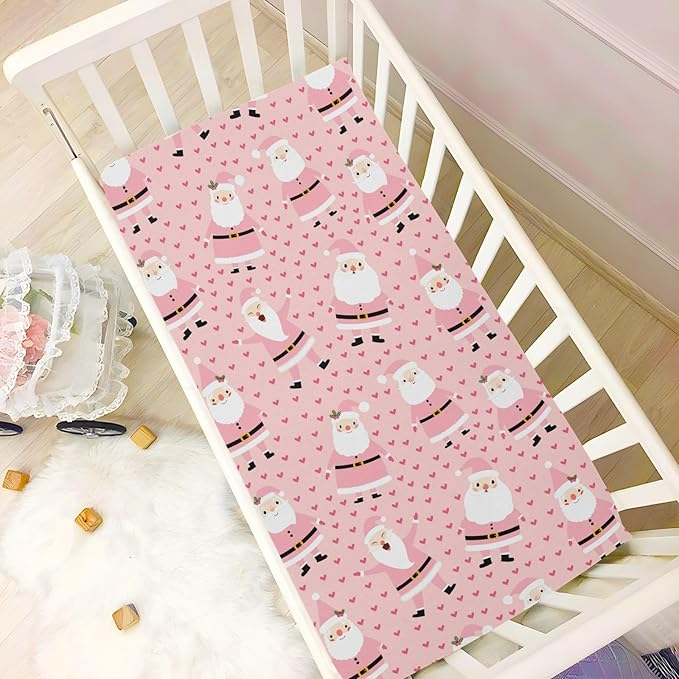 Christmas Pink Santa Crib Sheets Soft Breathable Fitted Baby Playard Sheets Mattress Cover for Girl Boys, 39" x 27" x 5"