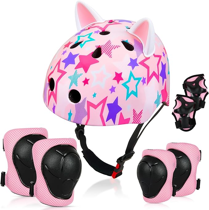 Kids Helmet, Bike Helmets for Kids 8-14 with Knee Pads and Elbow Pads Wrist Guards, Adjustable Youth Girls Bike Helmet with DIY Cat Ears Skateboard Helmet for Scooter Skating Cycling