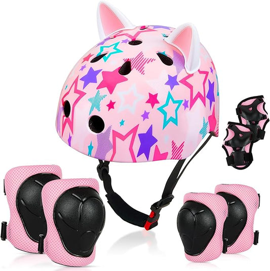 Kids Helmet, Bike Helmets for Kids 8-14 with Knee Pads and Elbow Pads Wrist Guards, Adjustable Youth Girls Bike Helmet with DIY Cat Ears Skateboard Helmet for Scooter Skating Cycling