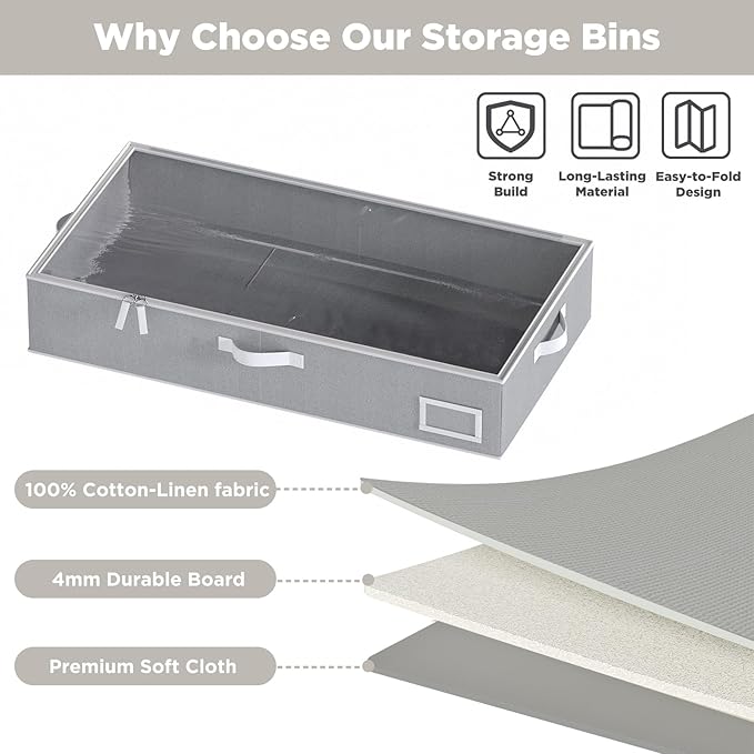 COYACOOL Under Bed Storage, Under Bed Storage Containers Bins for Clothes, Large Linen Underbed Closet Organization Bins, 2 Pack Collapsible Underbed Bin Dorm for Clothes, Sweater, Gray