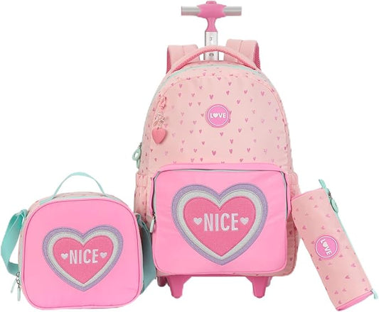 kingdisen Wheels Rolling Kids Backpack for Elementary Luggage School Trolley Bag with Lunch Box 3pc Set (HEART PINK)