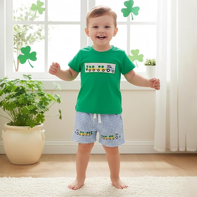 Baby Boy St Patricks Day Outfit Clover Embroidery Short Sleeve T-shirt Tops Shorts Set Toddler Spring Summer Clothes