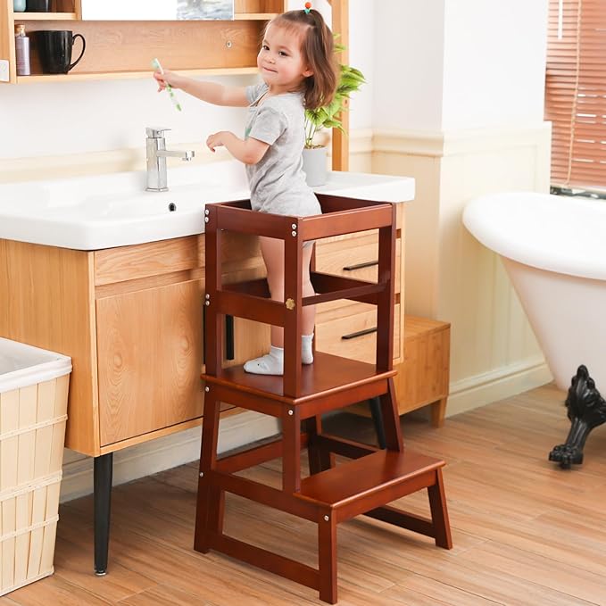 Kids Kitchen Step Stool for Kids with Safety Rail,Solid Wood Construction Toddler Learning Stool, Montessori Toddlers Kitchen Stool Tower (Walnut)