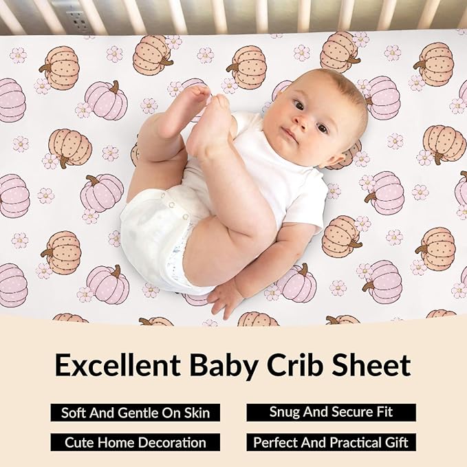 Fall Pumpkin Boho Flower Baby Crib Sheets Autumn Thanksgiving Harvest Baby Sheet Fitted Crib Mattress Cover Pastel Pumpkins Floral Standard Toddler Mattress 52''x28''