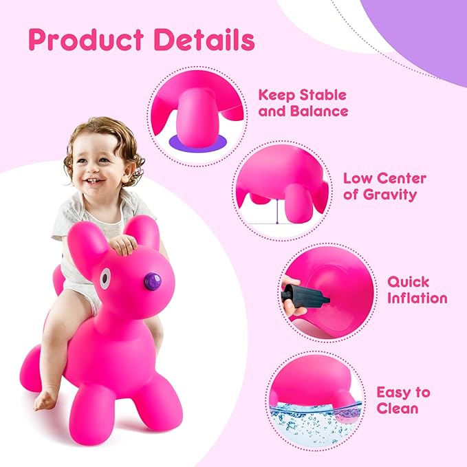 Upper Rider Bouncy Horse Dog Hopper for Toddlers, Bouncy Pals Inflatable Ride-on Animals for Kids, Jumping Horse Hopping Toys Gifts for Boys Girls 18 Months 2 3 4 5 6 Years Old, Pink Balloon Dog