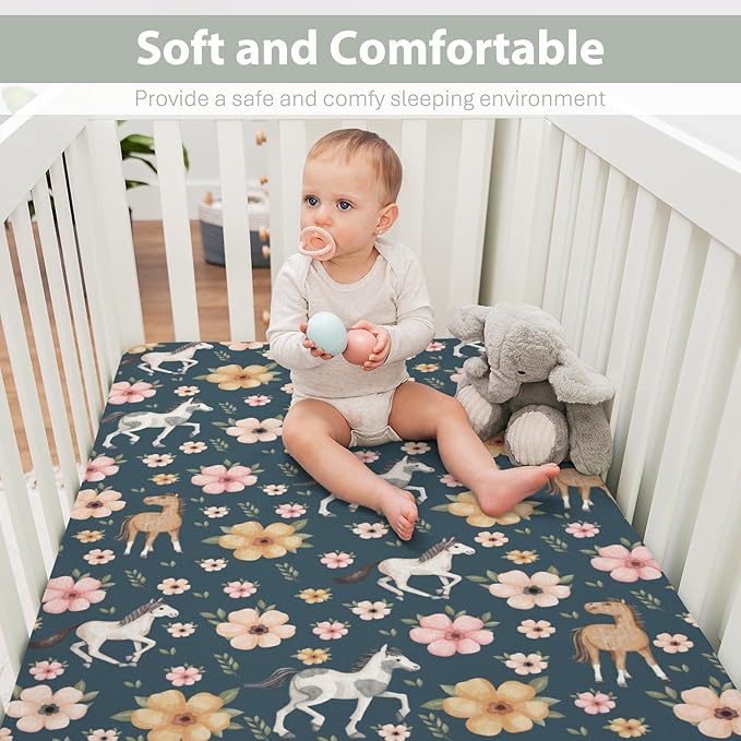 Watercolor Horse Floral Baby Crib Sheets for Boy Girl 52"x28" Running Horses Boho Flowers Soft Snug Fitted Crib Mattress Cover Wild Animals Baby Sheet for Standard Crib & Toddler Bed Mattress Navy