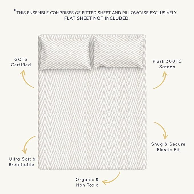 MakeMake Organics Organic Queen Fitted Sheet Set GOTS Certified Organic Cotton Fitted Sheet with Pillowcase Ultra Soft Non Toxic Breathable Hypoallergenic Colorful Neutral (Queen, Herringbone)