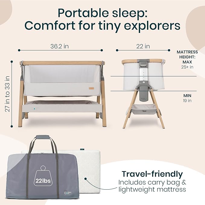 Tutti Bambini CoZee® 2-in-1 Baby Bassinet & Bedside Sleeper - Fast-Folding Bedside Bassinet, Baby Crib with 6 Mattress Heights & Breathable Mesh Window, Mattress Included, 0-6 Months (Silver & Oak)