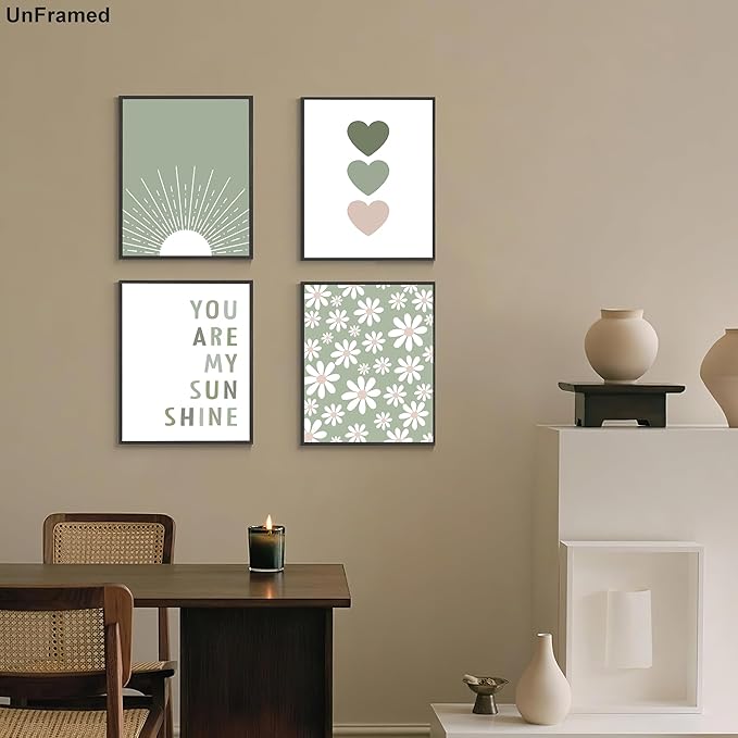 Aglcatie Boho Wall Art Poster Set of 4 Sage Green Nursery Wall Decor “You Are My Sunshine” Canvas Prints Cute Heart & Daisy Flower Posters Baby Girl Room Decor for Kids Bedroom 12x16 Inch Unframed