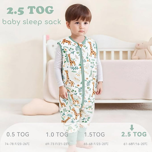 Toddler Sleep Sack with Feet 4-5 T, 2.5 TOG Cotton Baby Wearable Blanket with Legs, Winter Sleep Bag Walker with 2-Way Zipper, Green + Giraffe
