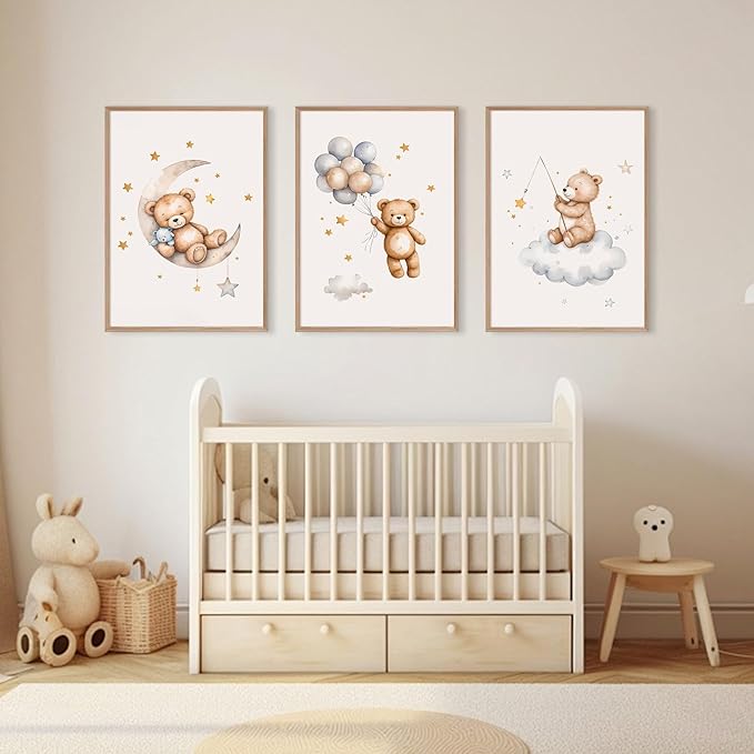 Baccone Teddy Bear Nursery Wall Art Decor Baby Boy Girl Room Poster Vintage Nursery Canvas Wall Decor Toddler Kids Room Pictures Cute Bear Neutral Artwork for Bedroom Playroom 16x24 Unframed Set of 3