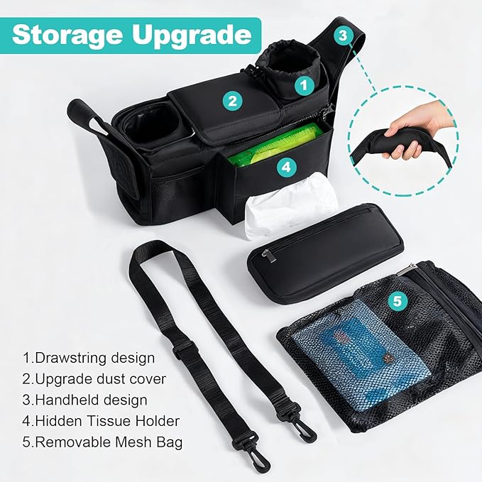 eutopic Universal Stroller Organizer with Insulated Cup Holder Detachable Phone Bag & Shoulder Strap, Bag Caddy Fits for Stroller like Uppababy, Baby Jogger, Britax, BOB, Umbrella & Pet Stroller