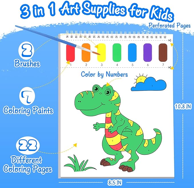 Paint with Water Coloring Books for Toddlers, Watercolor Painting Book and Drawing Art Paper for Kids Ages 3 4 5 6 7 8 Years Old, Dinosaurs Art Craft for Drawing with Brush