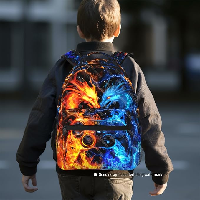 Nebcog School Backpack for Boys Dragon Gamer Boys Backpack for Kids Children Elementary Middle School Video Game Bookbag Backpacks for 6-18 Waterproof Lightweight 17 Inches Travel Back Pack