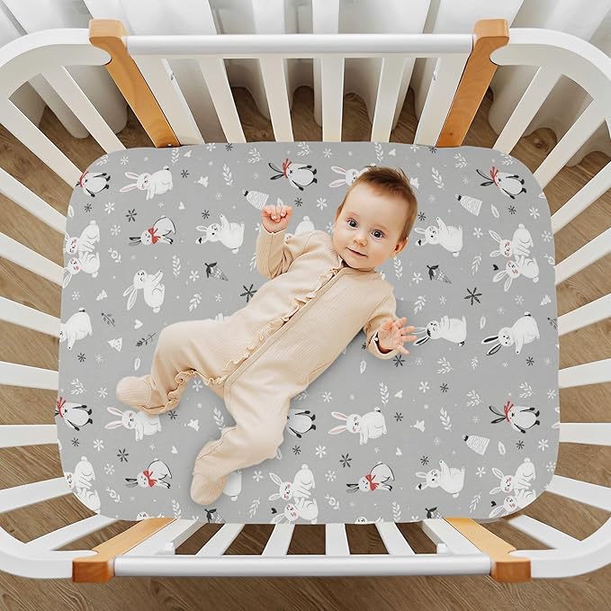 Pfrewn Christmas Crib Sheets for Boys Girls Cute White Bunnies Snow Fitted Crib Sheet Fits Standard Crib Mattress Pads Winter Pattern Stretch Soft Toddler Baby Sheet,52x28IN