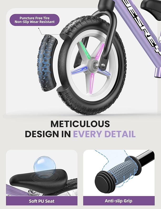 besrey Toddler Balance Bike 2 Year Old: All-Metal Frame & Battery-Free 12" Glow Wheels, Bonus 4 Stickers + Customize Plate, Adjustable Seat Toddler Bike for Kids 2 3 4 5 Boys Girls Gift