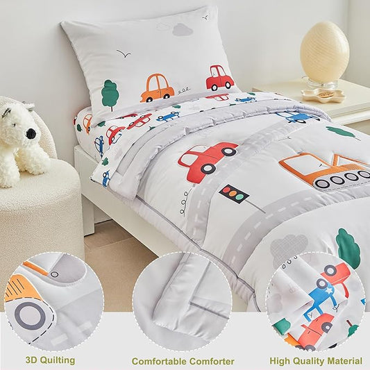 DuShow 4 Pieces Cars Toddler Bedding Set for Boys,Soft Toddler Bed Set in a Bag,Toddler Bed Comforter Set Includes Quilted Comforter, Flat Sheet, Fitted Sheet and Pillowcase