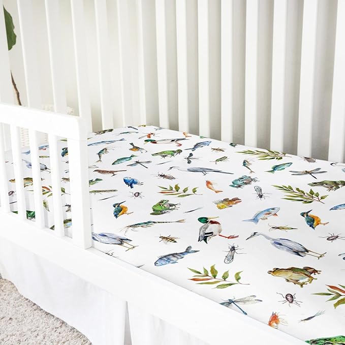 Wildlife Pond Baby Crib Sheets 52''x28'' Wild Animals Frogs Duck Fish Bird Weeds Snug Fitted Crib Mattress Cover for Boy Girl Fishing Hunting Soft Nursery Bed Sheet for Standard Crib Toddler Mattress