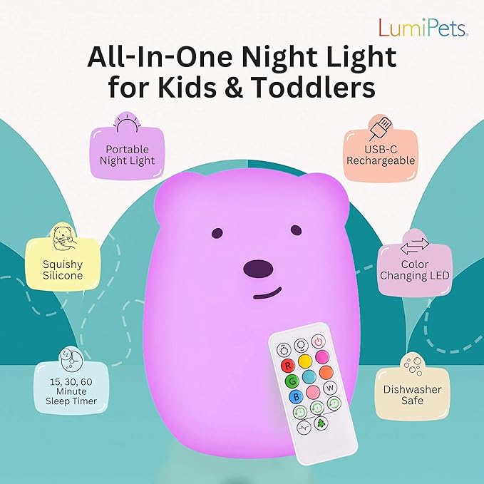 Lumipets Benny The Bear Squishy Silicone Night Light for Kids | Cute Night Light with Remote & Touch Control for Girls & Boys | 9 Color Changing Soft Portable Animal Lamp Comes with USB Cord