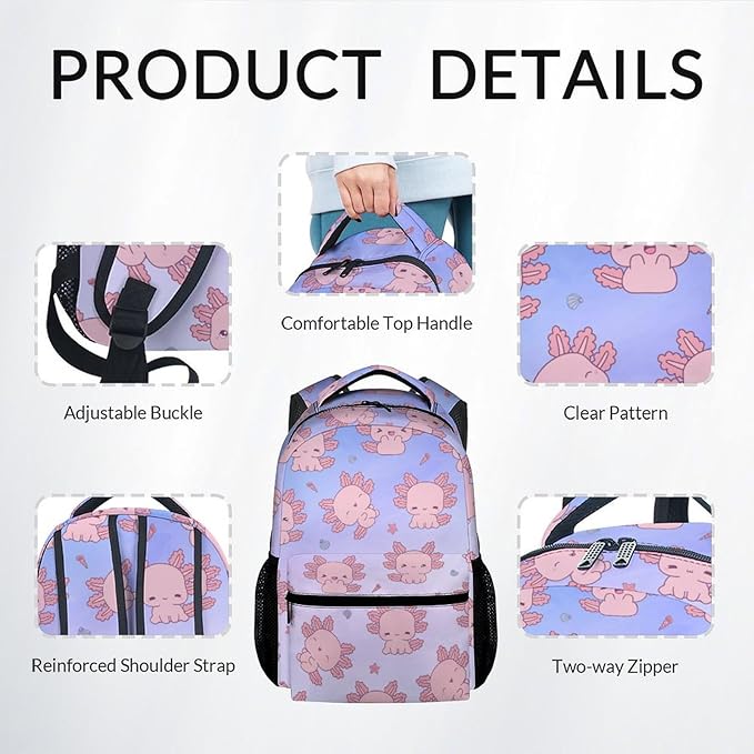 COZYAURA Backpacks for Girls - 3Pcs Cute Bookbag for Kids - Axolotl School Bag for Girls - Kids Backpacks with Lunch Box Pencil Case Set