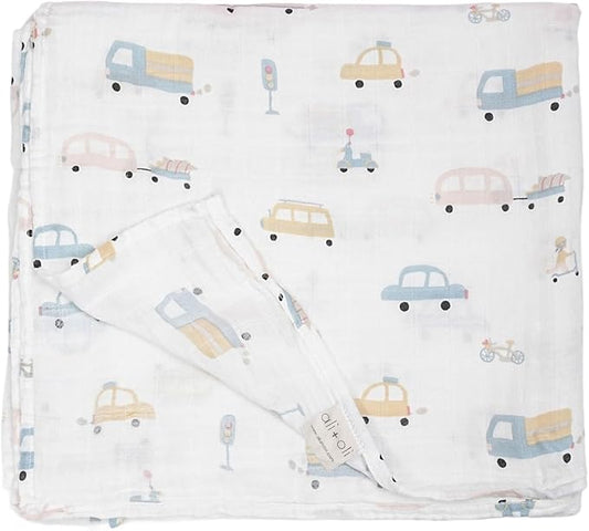 Ali+Oli Muslin Swaddle Blanket for Baby (Auto) Large 47" x 47" Soft Rayon Made from Bamboo & Organic Cotton, Machine Washable Receiving Blanket Wrap for Newborn to Toddler