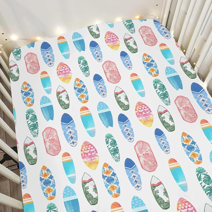 Colorful Surfboards Baby Crib Sheets for Boy Girl 52x28Inch Summer Surfing Soft Stretchy Fitted Crib Mattress Cover Boho Beach Vacation Travel Nursery Baby Sheet for Standard Crib & Toddler Mattress