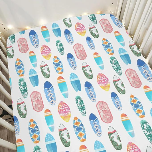 Colorful Surfboards Baby Crib Sheets for Boy Girl 52x28Inch Summer Surfing Soft Stretchy Fitted Crib Mattress Cover Boho Beach Vacation Travel Nursery Baby Sheet for Standard Crib & Toddler Mattress