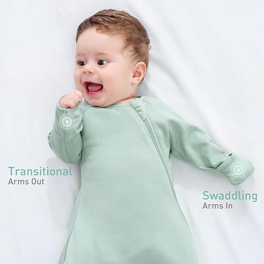 Newborns Baby Transitional Swaddle Sack Arms Up Length Sleeves Mitten Cuffs 2 Pack 0-3 Months, Wearable Sleeping Bag Swaddling Blanket for Boys Girls, Cotton Sleep Sacks Snug Fit Calms Startle Reflex