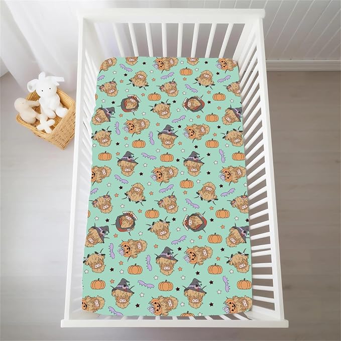 Highland Cow Halloween Baby Crib Sheets for Boy Girl Western Cowboy Fall Pumpkin Bats Soft Snug Fitted Crib Mattress Covers for 52''x28'' Standard Crib & Toddler Mattress Spooky Farm Animal Bed Sheet