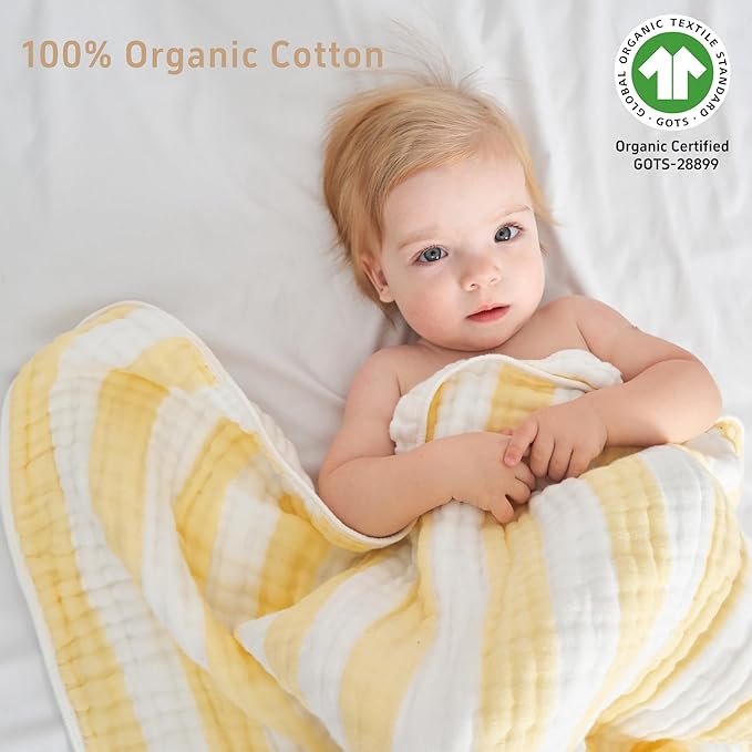 Muslin Hooded Baby Towel 4 Pack, Preuim Muslin 6 Layers Natural Cotton Baby Bath Towels, Soft and Comfortable for Boys,Girls (32 x 32, Yellow Striped and White)
