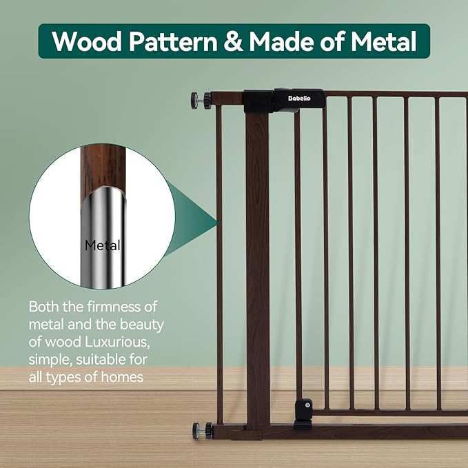 Mom's Choice Award Winner-BABELIO 26-40" Metal Baby Gate with Black Wood Pattern, PressGuard C5 Easy Install Pressure Mounted Dog Gate for Stairs and Doorways, with Wall Protectors and Extension Kits