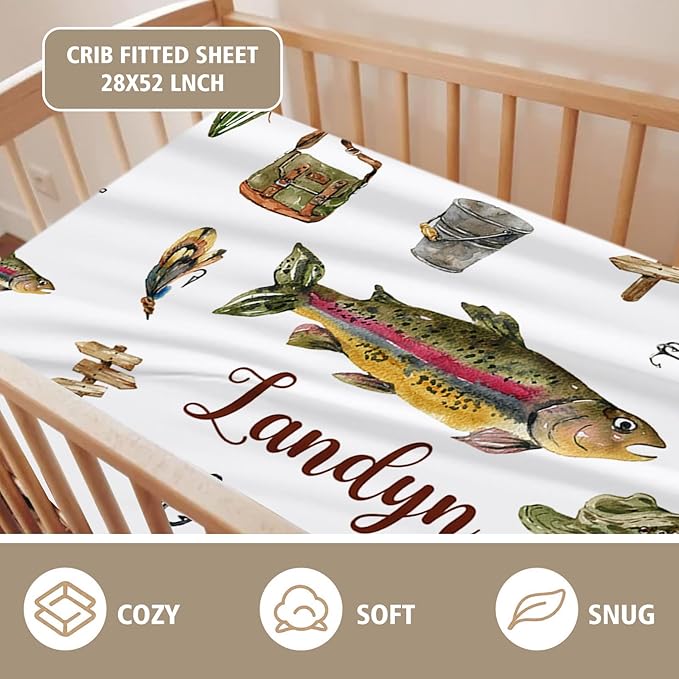 Personalized Baby Crib Bedding Set, Custom Name Fishing Theme Baby Bedding 2-Pcs Set - Soft Double Layer Dotted Blanket and Fitted Sheet, Nursery Bedding for Newborn Boys Girls, Perfect Shower Gift