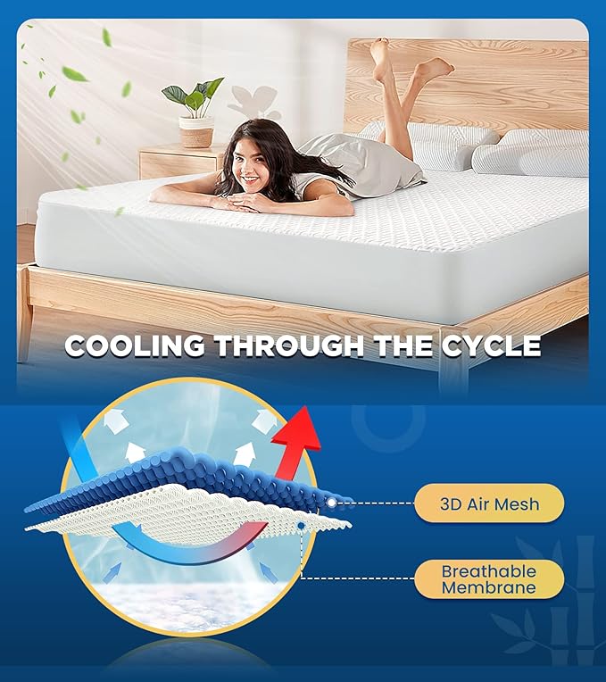 100% Waterproof Queen Mattress Protector Breathable Cooling 3D Air Fabric Mattress Cover Smooth Soft Hypoallergenic Noiseless Bed Cover Machine Washable Vinyl Free, 8-21'' Deep Pocket