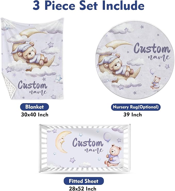 Custom Baby Crib Bedding Set, Personalized Name Moon Bear Design Crib Set 3 Pcs, Soft Double Layer Blanket, Crib Sheet & Room Rug, Ideal Nursery Decor Gift for Baby Girls Boys