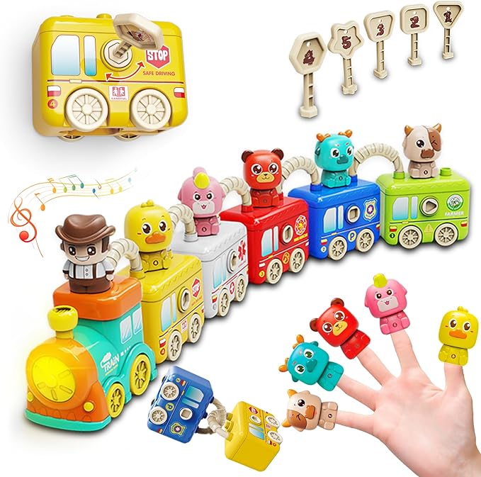 Toddler Learning Toys for 2 3 4 Year Old - Counting Matching & Sorting Activity Montessori Train Set with Vehicle Transportation,Farm Animals, Keys to Lock and Unlock Carriage，Christmas Birthday Gift